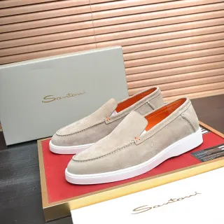 Santoni বেইজ নারঙ্গি স্যুড আপার সাদা রাবার সোল লোফার