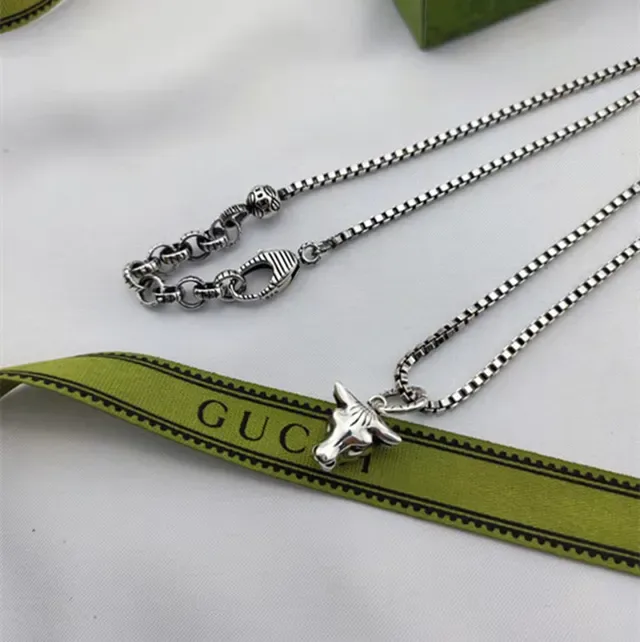 Silver Beige Bull Head Pendant Box Chain Necklace 2