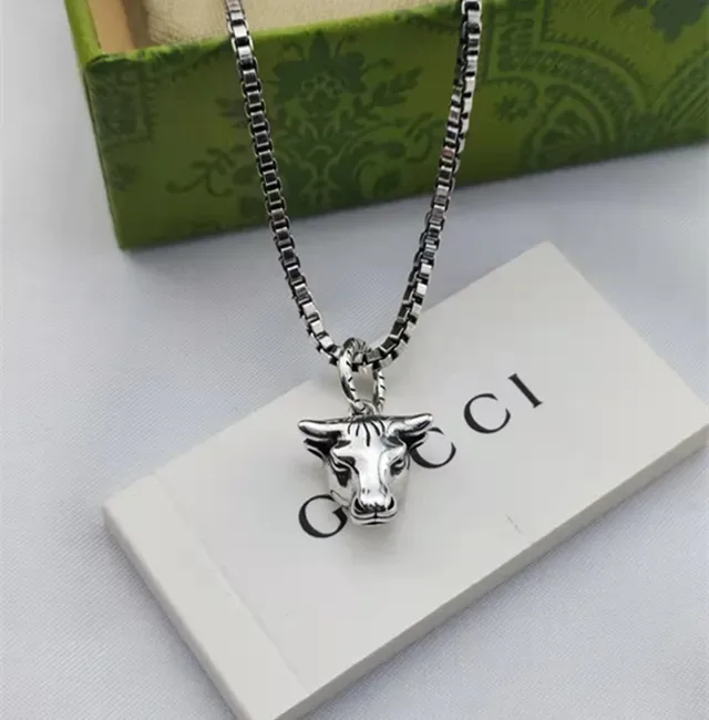 Silver Beige Bull Head Pendant Box Chain Necklace 3