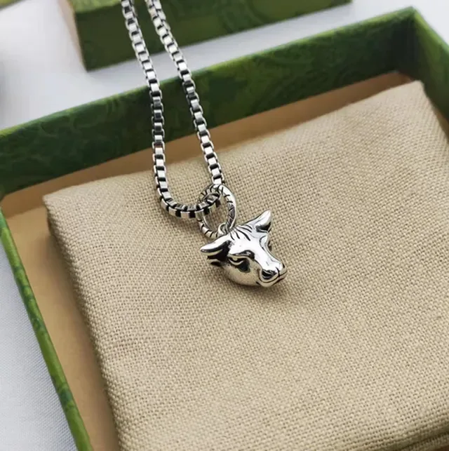 Silver Beige Bull Head Pendant Box Chain Necklace 5
