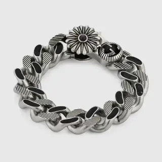 Pulsera Cadena Curb-Link Chunky Plata Negra Broche Medallón Floral