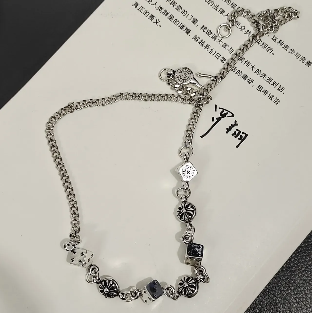 Silver Chunky Curb Chain Dice Charms Necklace 2