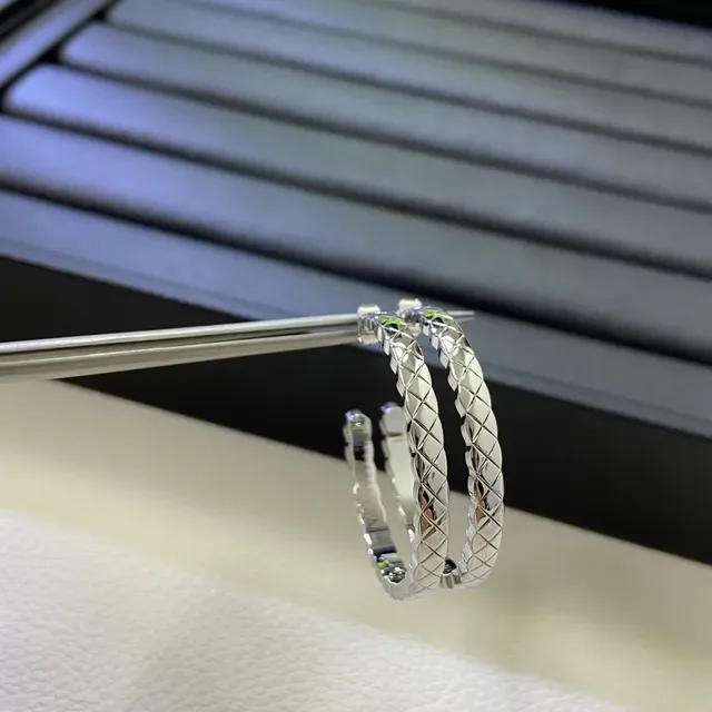 Silver Gold Quilted Diamond-Pattern Surface Hinged Hoop Design Earrings 5