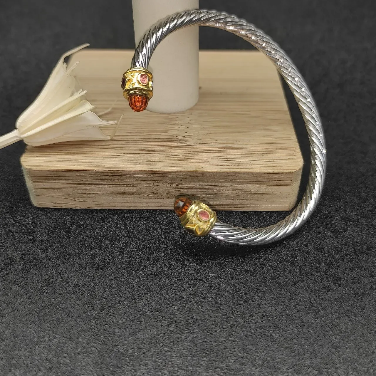 Silver Gold Twisted Cable End Caps Bracelet 8
