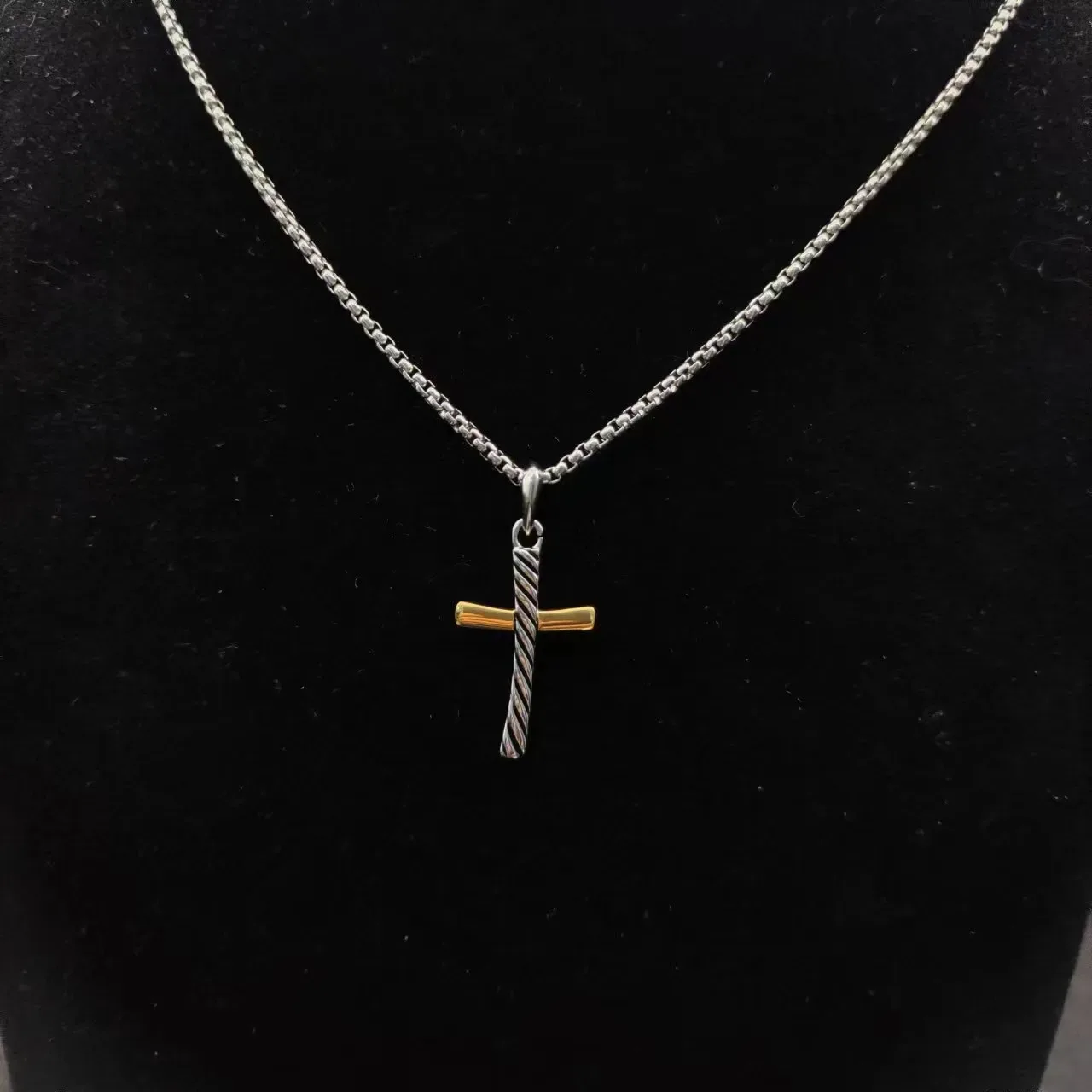 Silver Gold Two-Tone Metal Twisted Vertical Bar Cross Necklace 4