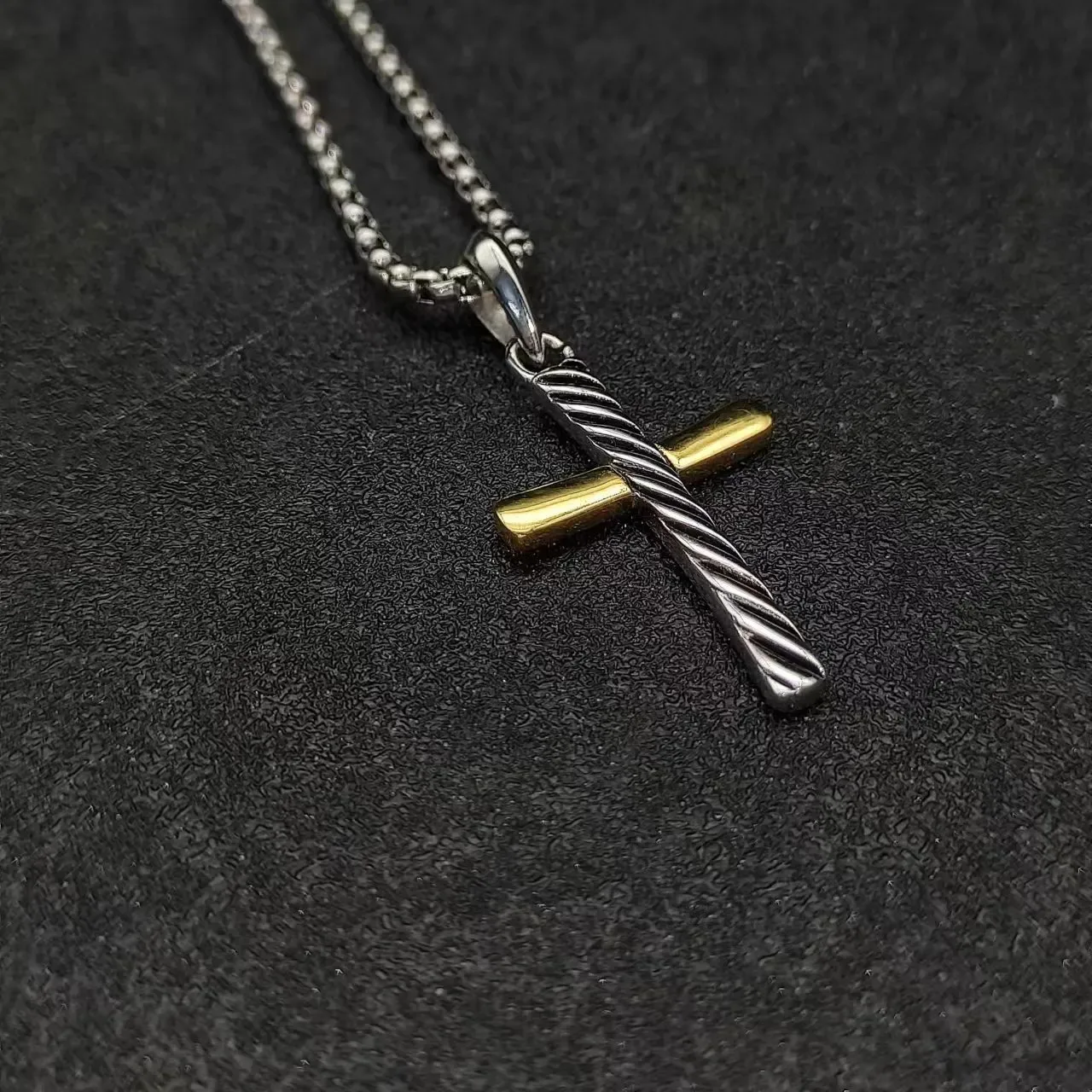 Silver Gold Two-Tone Metal Twisted Vertical Bar Cross Necklace 9