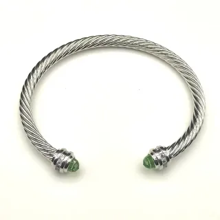 Silver Green Twisted Cable Faceted Gemstone Ends Bracelet