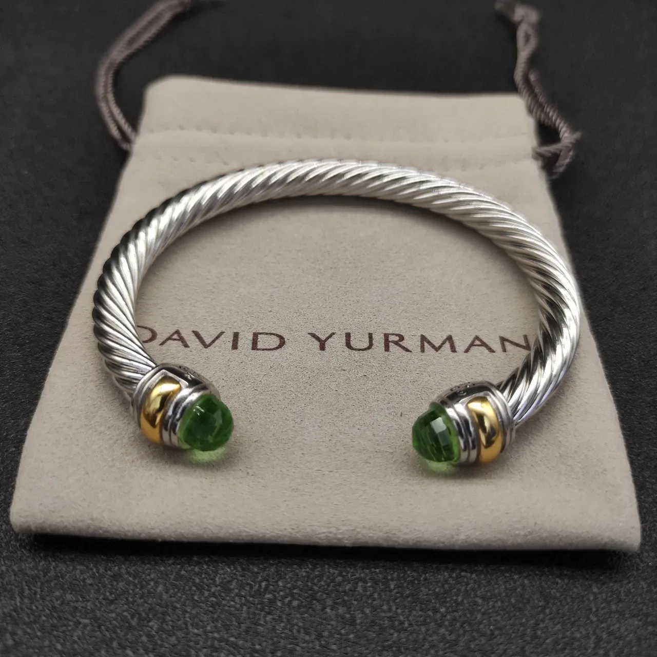Silver Green Twisted Cable Faceted Stone Ends Bracelet 7