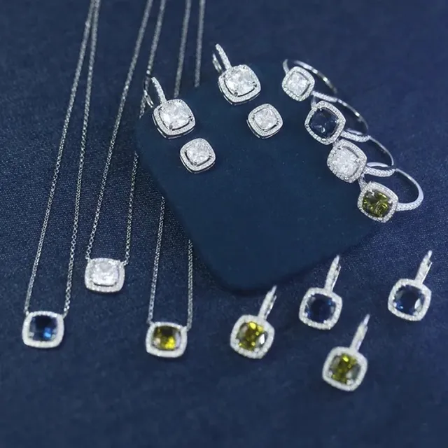 Silver Navy Square Cushion-Cut Center Stone Pavé Halo Setting Earrings 2