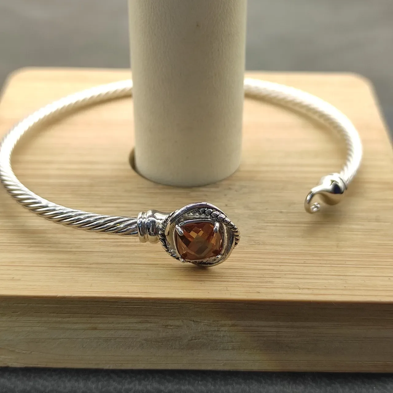 Silver Pink Cable-Wire Construction Faceted Cushion-Cut Stone Bracelet 5