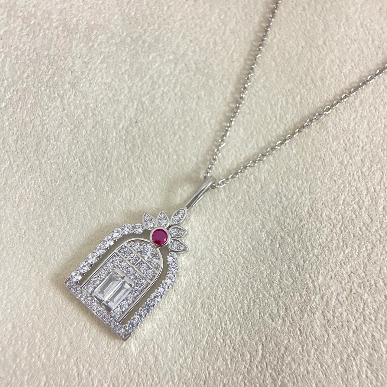 Silver Red Arched Architectural Pendant Pavé-Set Diamonds Necklace 2