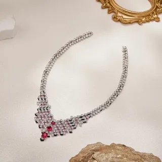 Collier Bib Argent Rouge Géométrique Pavé Chaîne Double