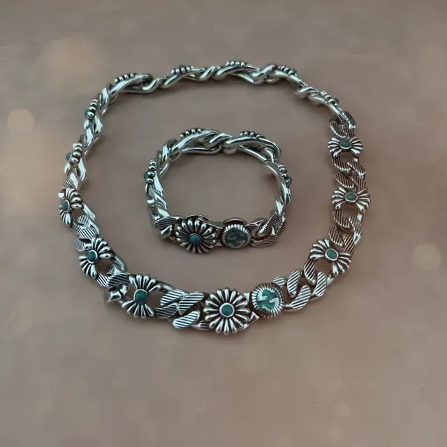 Silver-Tone Floral Turquoise Stone Chain Necklace 4
