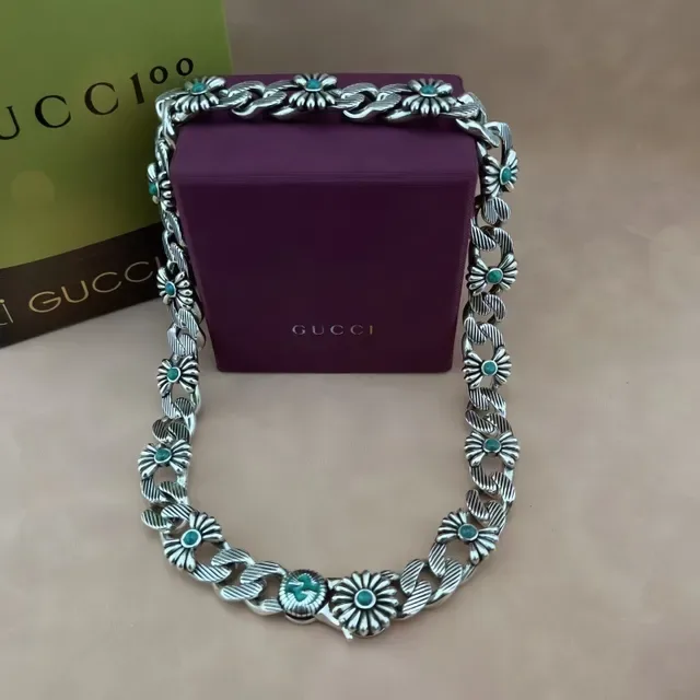 Silver-Tone Floral Turquoise Stone Chain Necklace 7