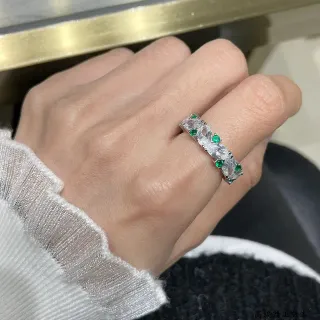 Silver-Tone Marquise and Green Stone Eternity Band Ring