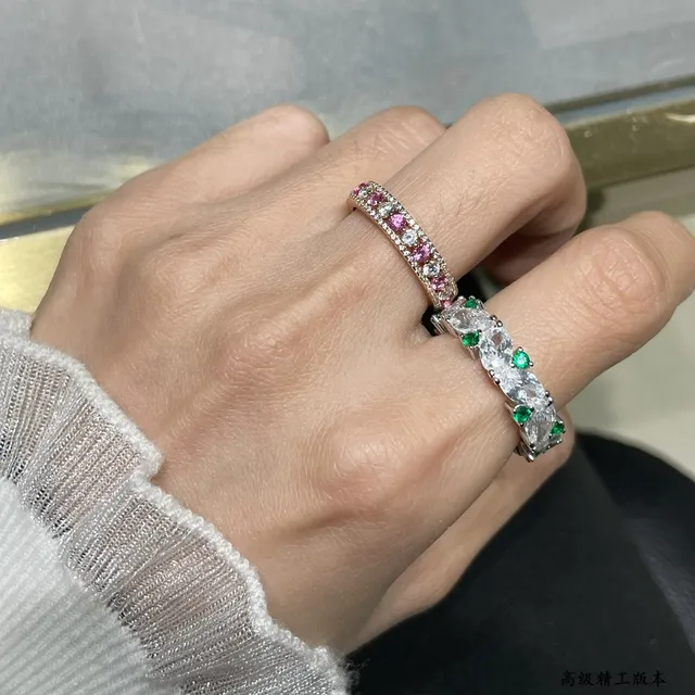 Silver-Tone Marquise and Green Stone Eternity Band Ring 9
