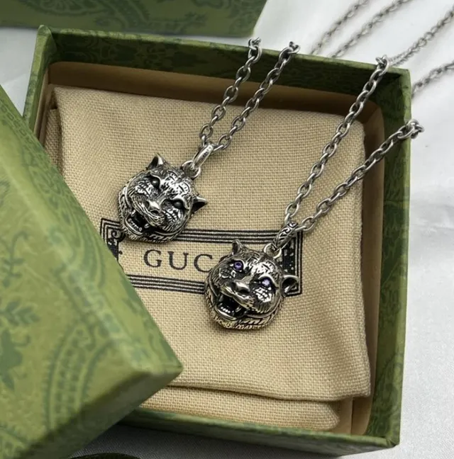 Silver-Tone Oxidized Tiger Head and Shield Pendant Necklaces 4