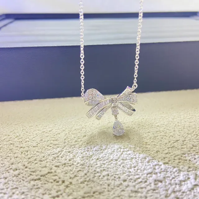 Silver White Bow-Shaped Pendant Pavé-Set Stones Necklace 3