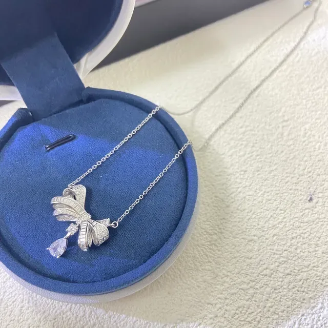 Silver White Bow-Shaped Pendant Pavé-Set Stones Necklace 4