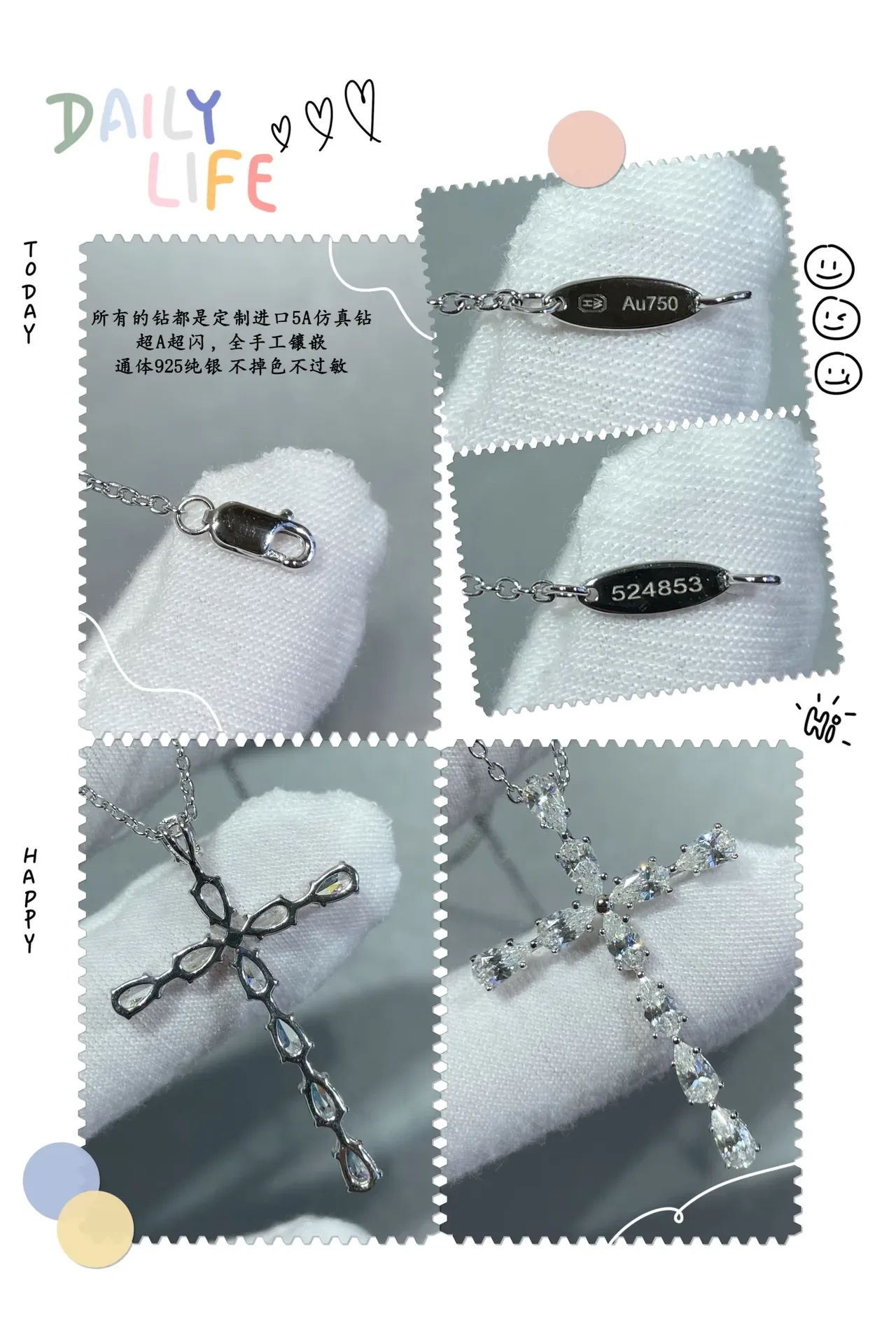 Silver White Cross-Shaped Pendant Pear-Cut Stone Setting Necklace 5