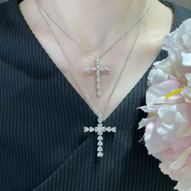 Silver White Cross-Shaped Pendant Pear-Cut Stone Setting Necklace 8