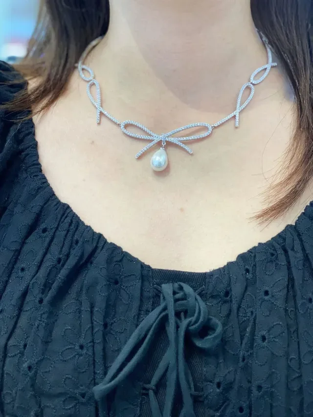 Silver White Pavé-Set Crystal Chain Bow Motif Centerpiece Necklace 3