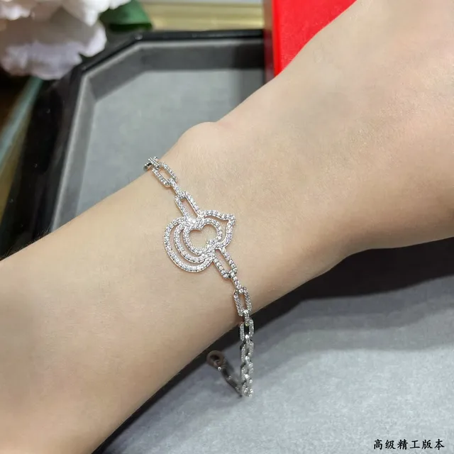 Silver White Pavé-Set Link Chain Central Openwork Floral/heart Motif Bracelet 9