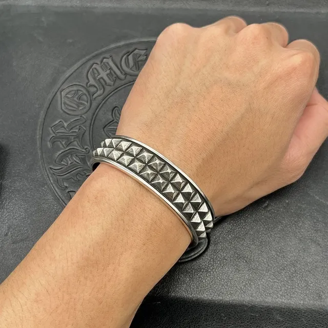 Studded Pyramid Stud Oxidized Silver Open Cuff Bracelet 2