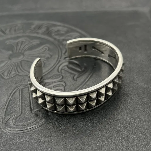 Studded Pyramid Stud Oxidized Silver Open Cuff Bracelet 4