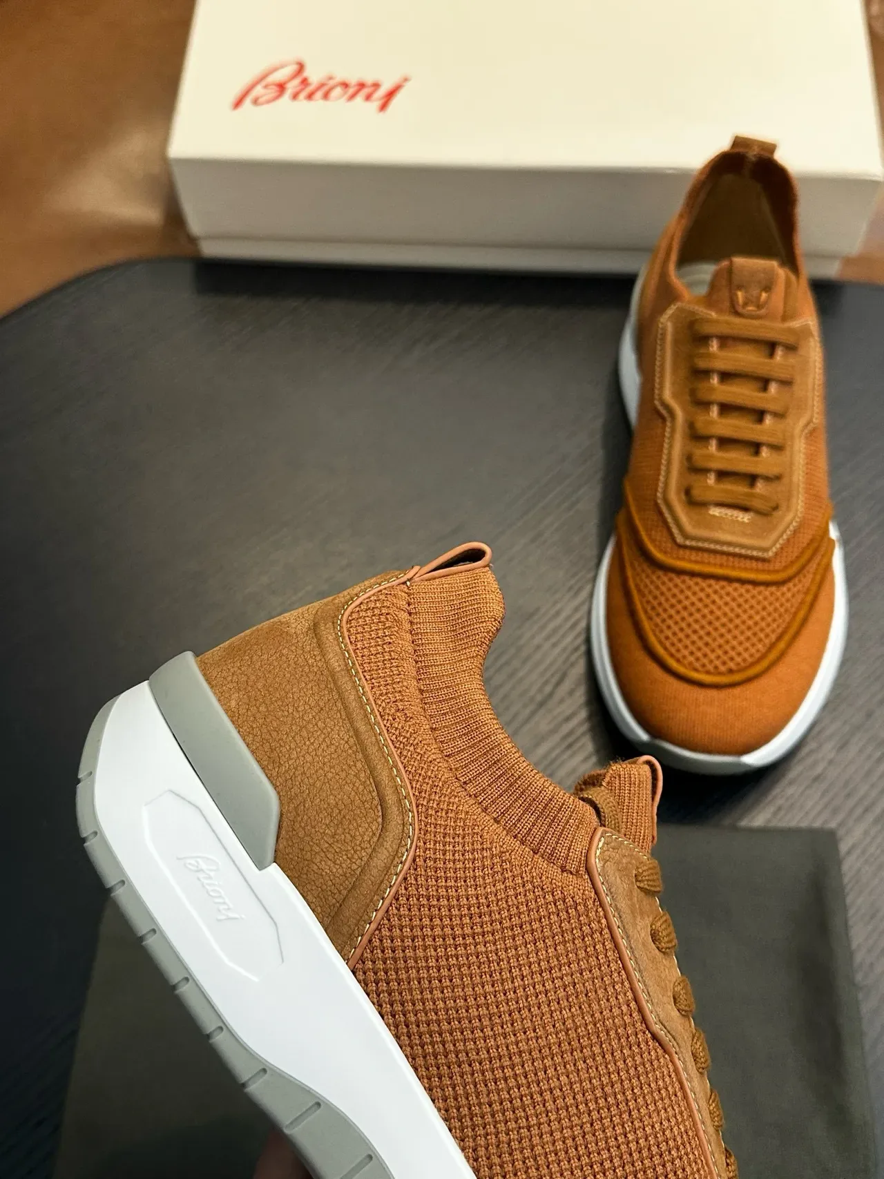 Tan Mesh and Leather-Panel Lifestyle Sneakers 7