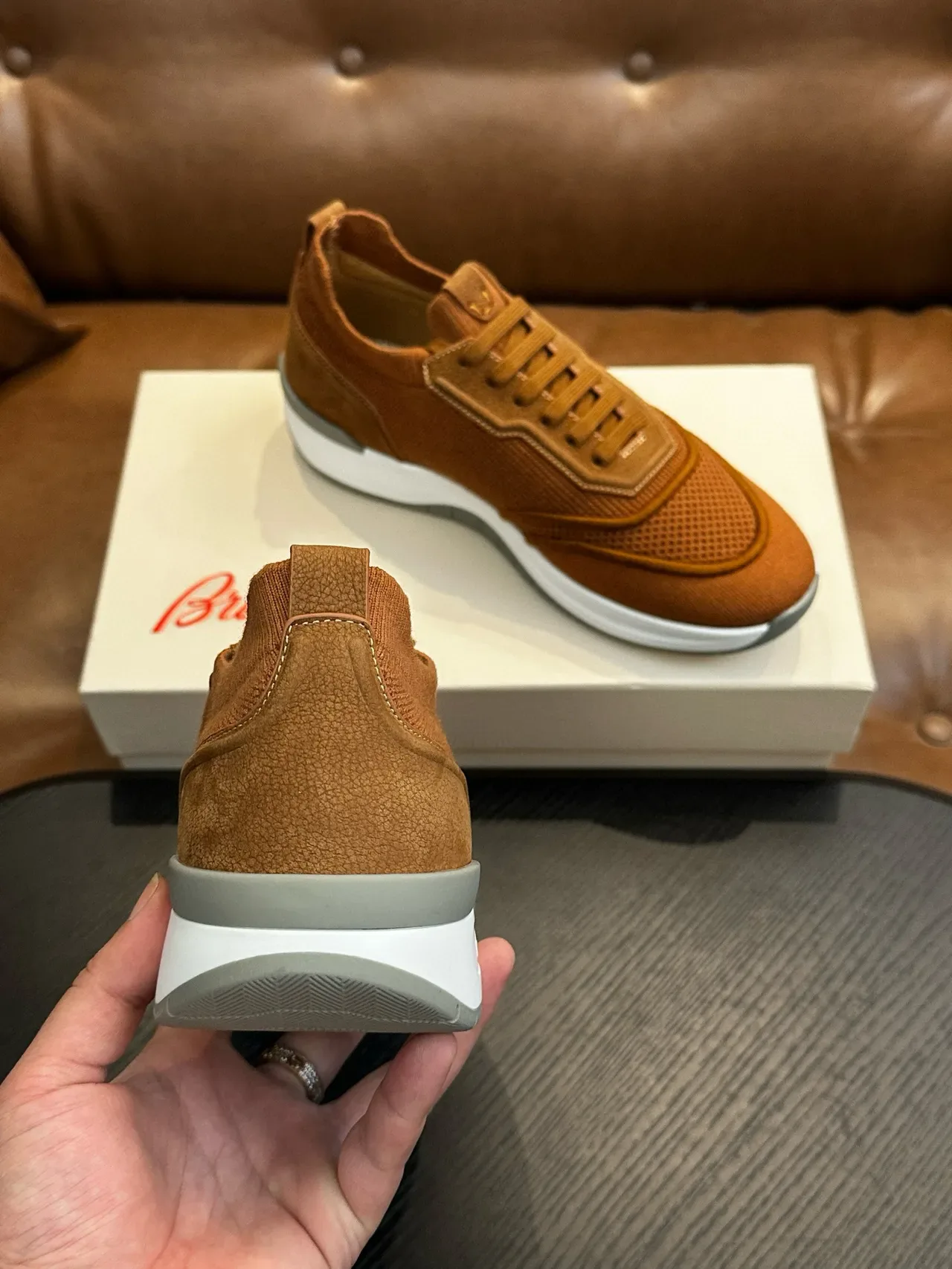 Tan Mesh and Leather-Panel Lifestyle Sneakers 8
