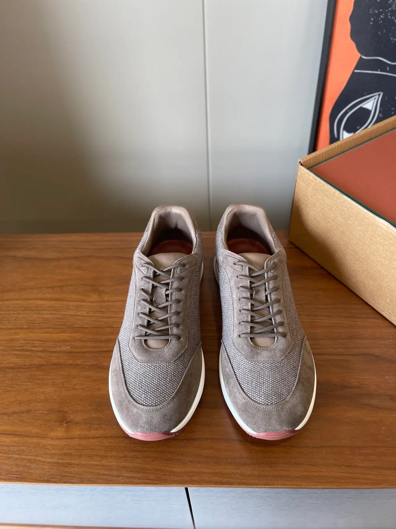 Taupe Mesh and Suede Low-Top Sneakers 4