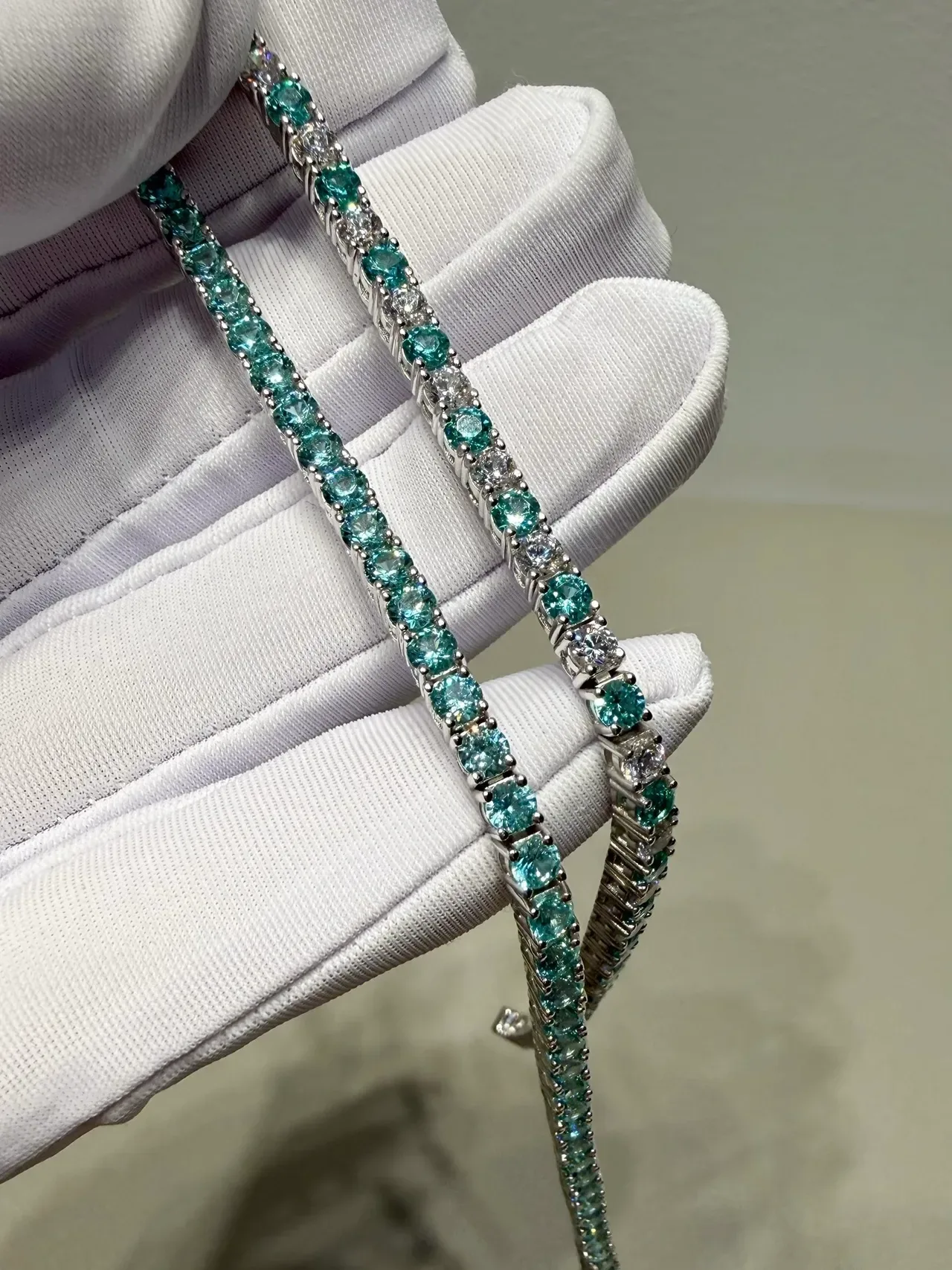 Teal and Clear Gemstone Channel-Set Bangle Bracelets 4