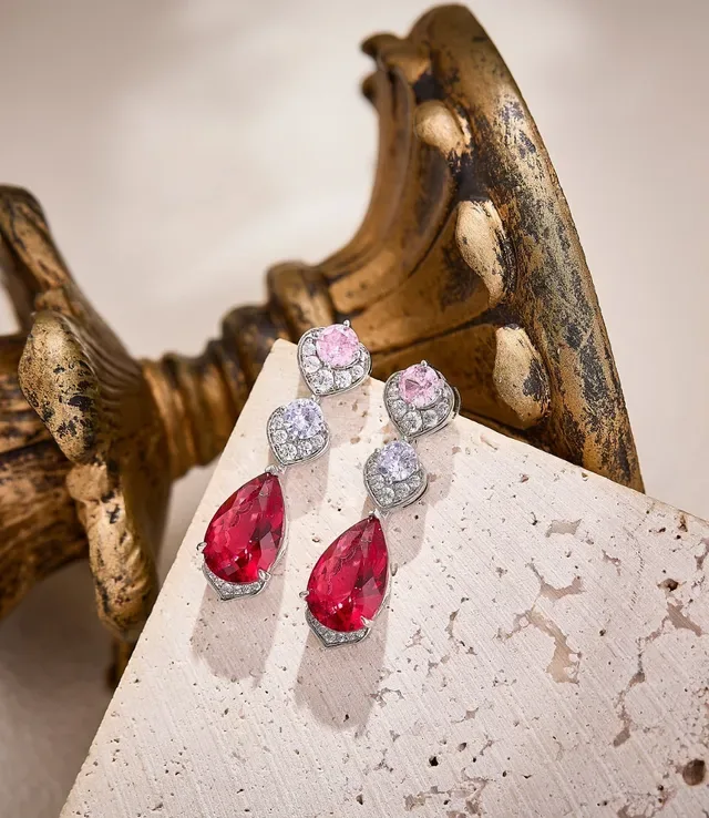 Three-Tiered Pear-Cut Red and Pink Gemstone Drop Earrings 2