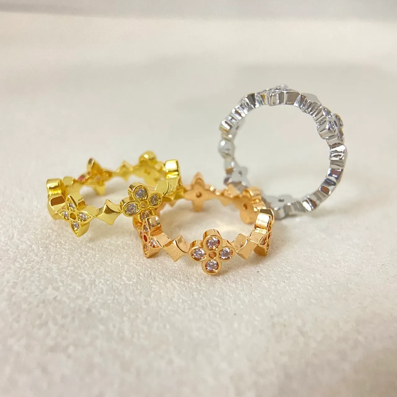 Three-Tone Gold Floral Pavé Multi-Band Ring 2