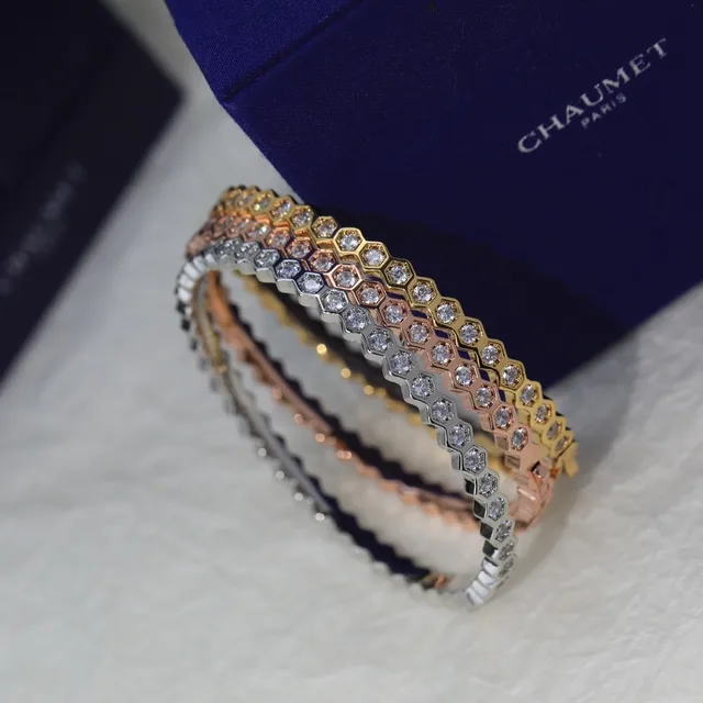 Three-Tone Hexagonal Bezel-Set Bangle Bracelets 2