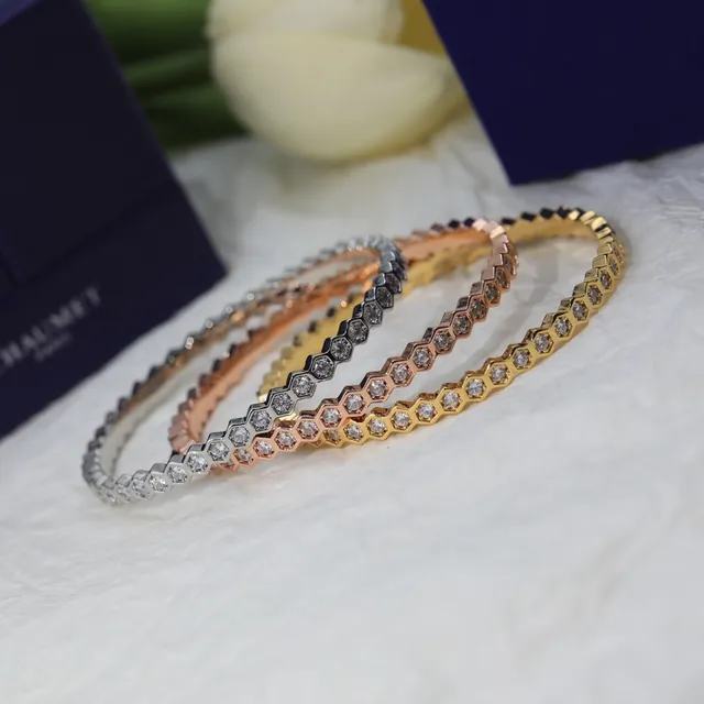 Three-Tone Hexagonal Bezel-Set Bangle Bracelets 3