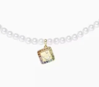 White Gold Pearl Strand Square Pendant Necklace 2