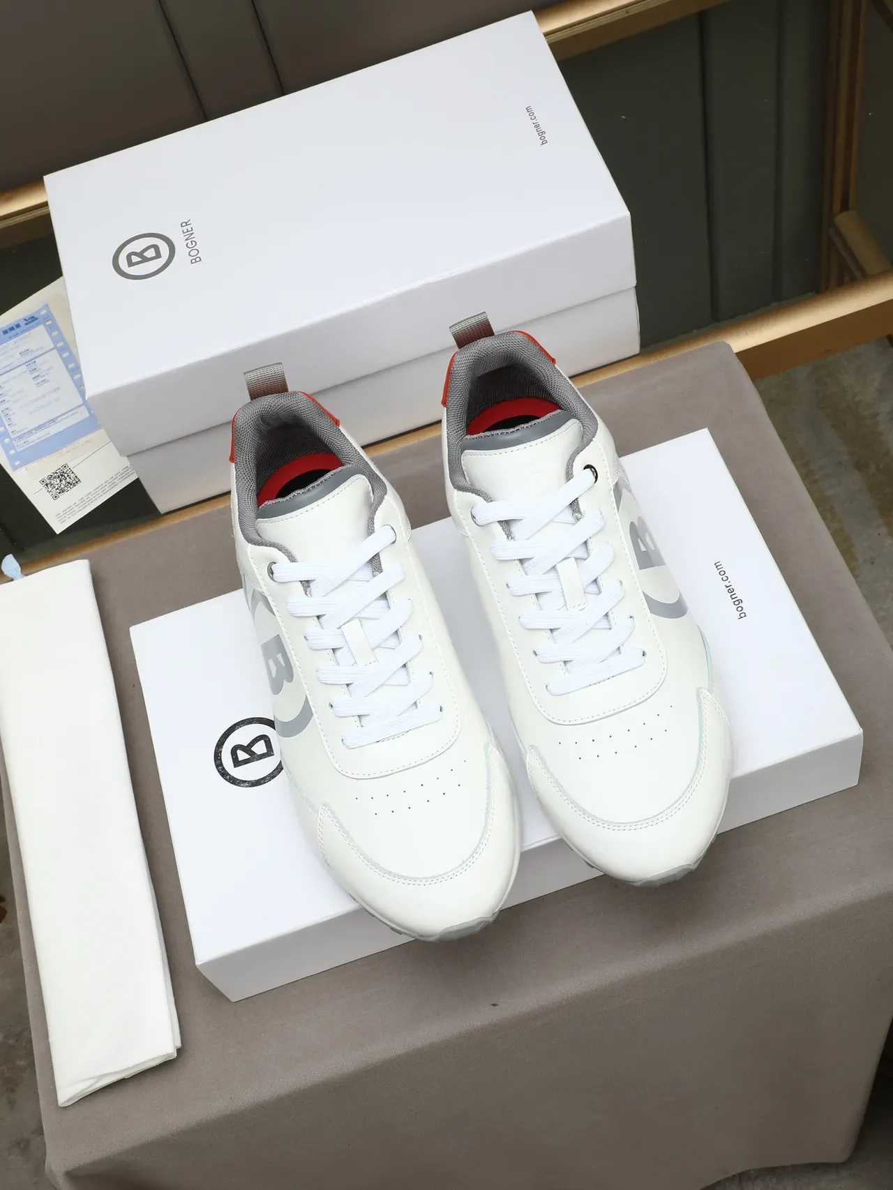 White Gray Leather And Suede Upper Circular Monogram Logo Sneakers 2