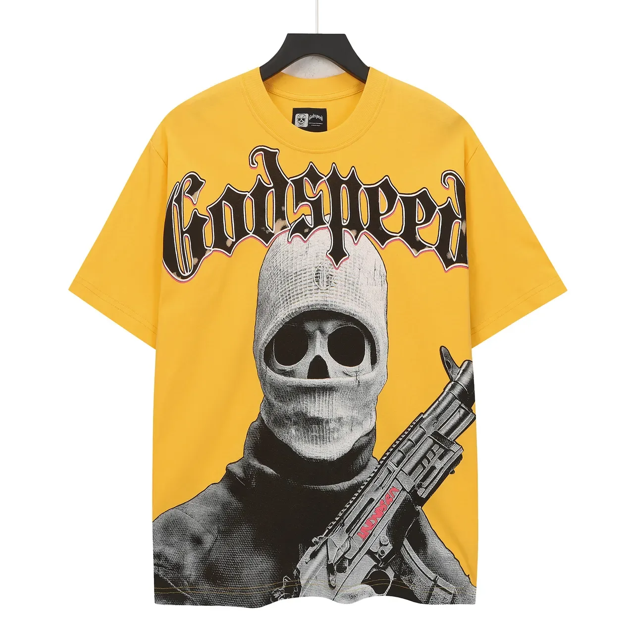 Camiseta oversized amarela com estampa gráfica Godspeed 2