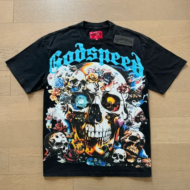 Godspeed Graphic Skull and Floral Print Black T-Shirt 4