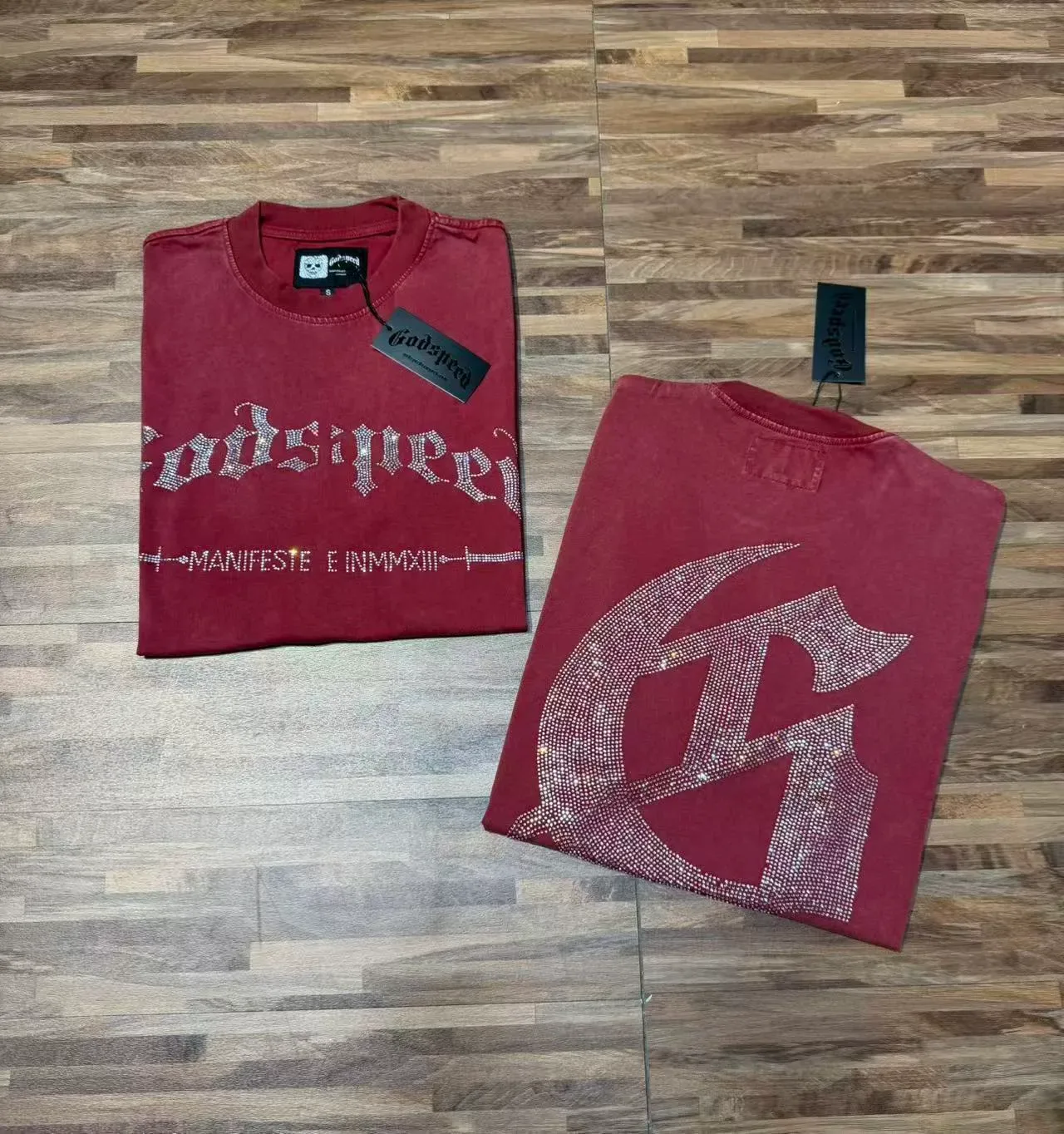 Godspeed 黑银色做旧仿牛仔面料水钻装饰哥特字体图案T恤 2