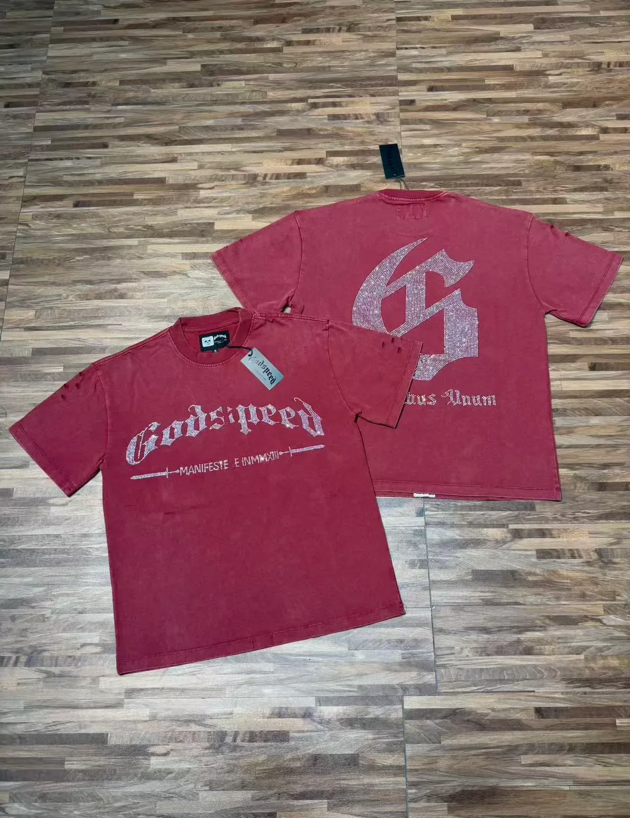 Godspeed 黑银色做旧仿牛仔面料水钻装饰哥特字体图案T恤 3