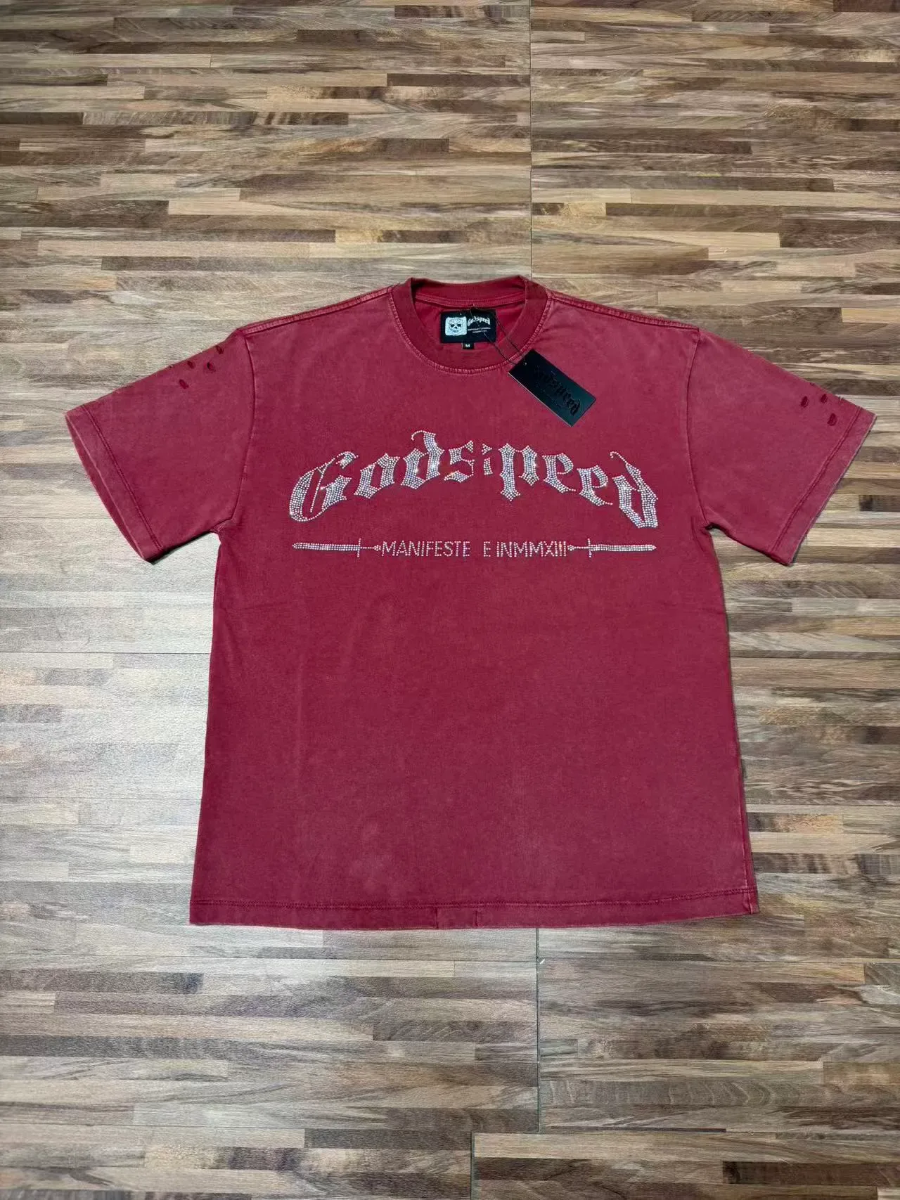 Godspeed 黑银色做旧仿牛仔面料水钻装饰哥特字体图案T恤 4