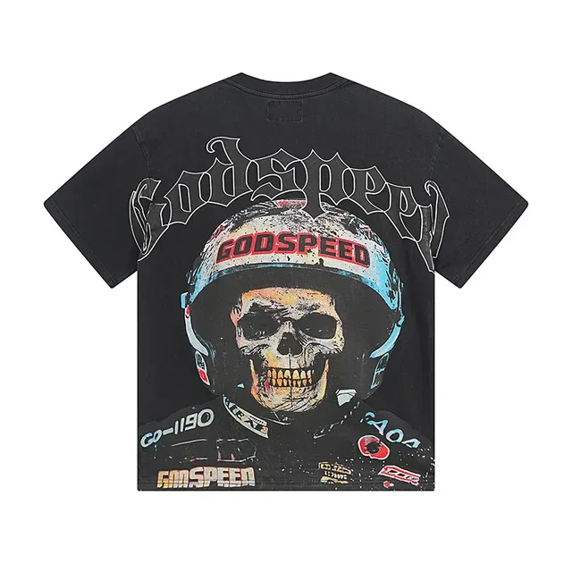 Camiseta preta Godspeed com estampa de capacete de caveira 3