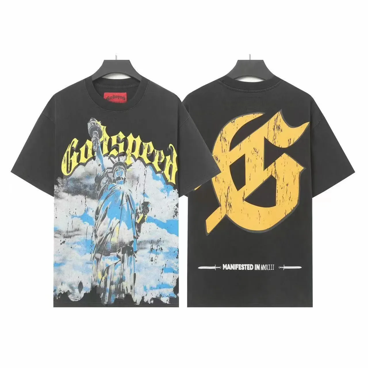 Camiseta roja Godspeed con estampado gráfico de la Estatua de la Libertad 10