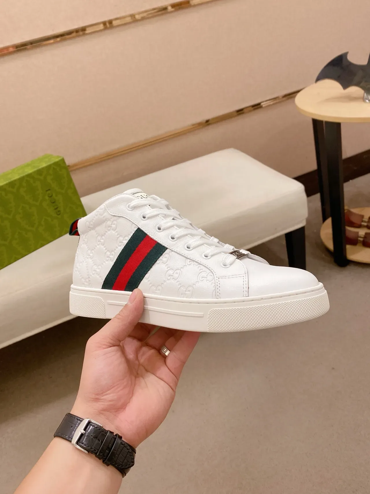 Gucci Ace White Embossed GG Monogram Web Stripe Lifestyle Sneakers 4