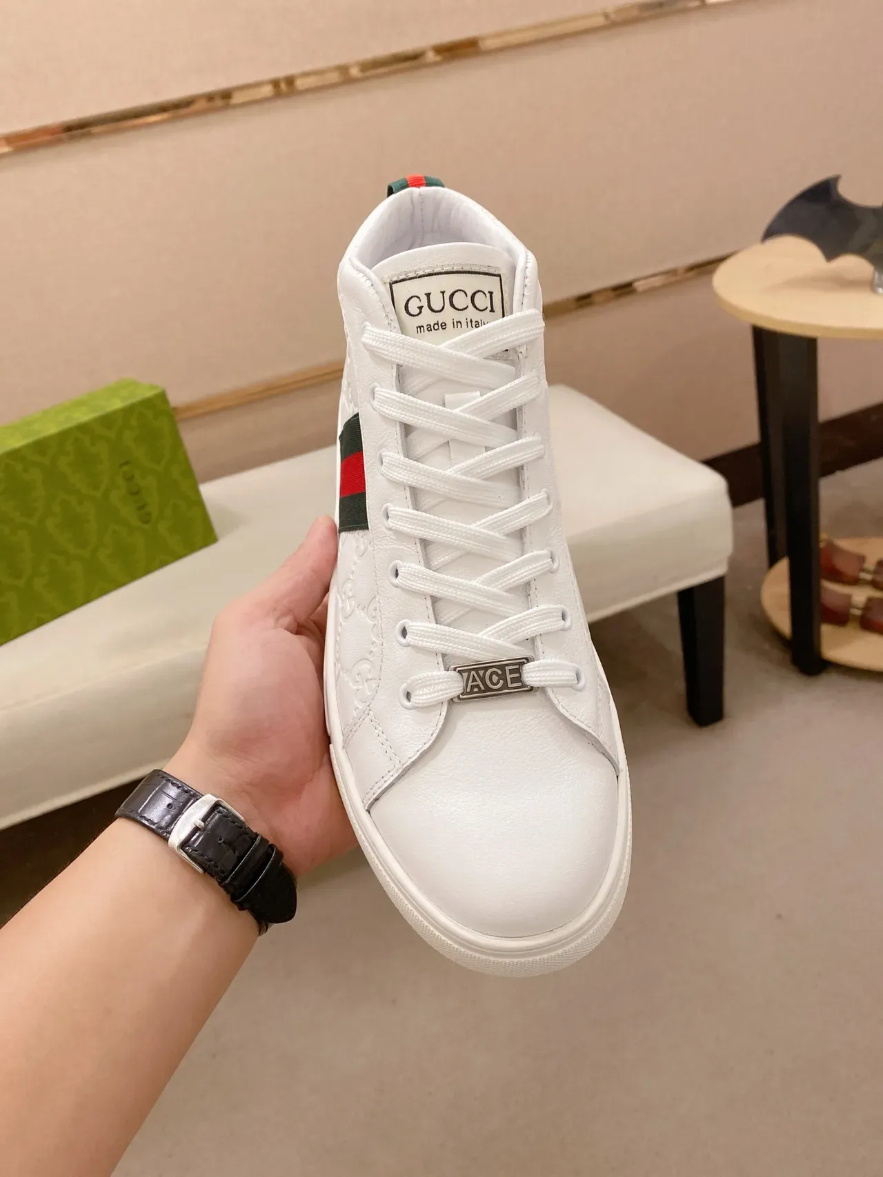 Gucci Ace White Embossed GG Monogram Web Stripe Lifestyle Sneakers 5