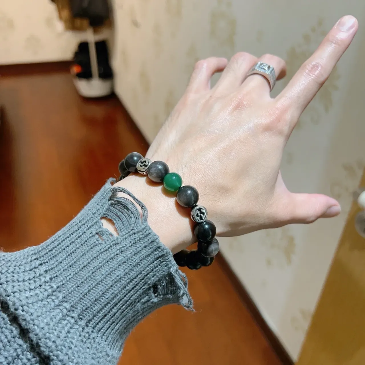 Gucci Pulseira de contas preto e verde elástica 5