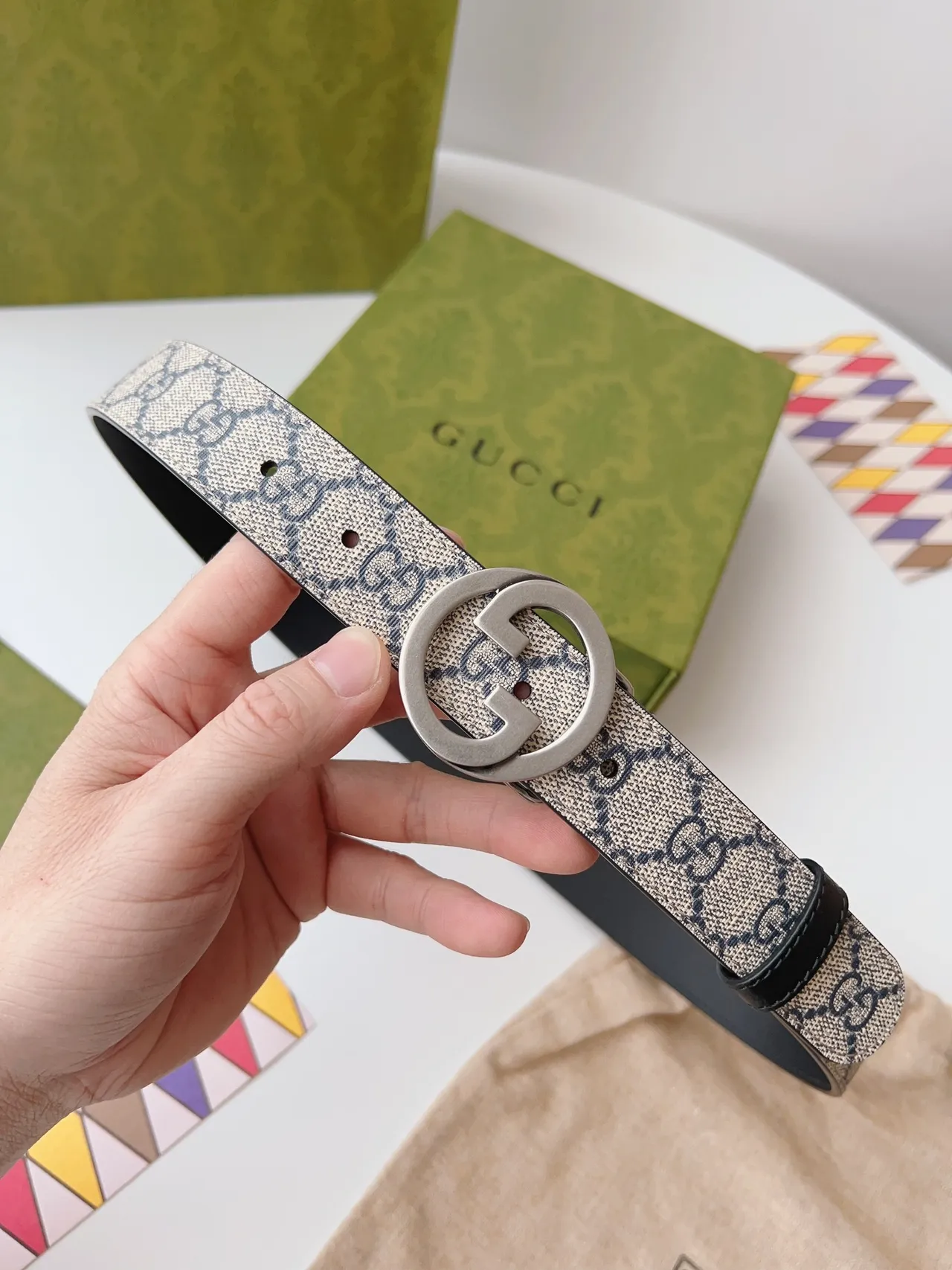 Gucci Beige Black Interlocking G Buckle GG Monogram Canvas Leather Belt 8